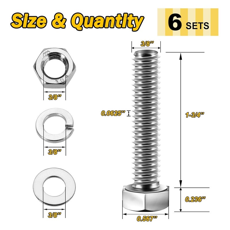 MYWISH (6 Sets) 3/8-16x1-3/4 Hex Head Assorted Screws Nuts and Bolts with Flat & Lock Washers, 304 Stainless Steel 18-8, Fully Threaded, 3/8 Bolt Metric Bolt Assortment - Image 2